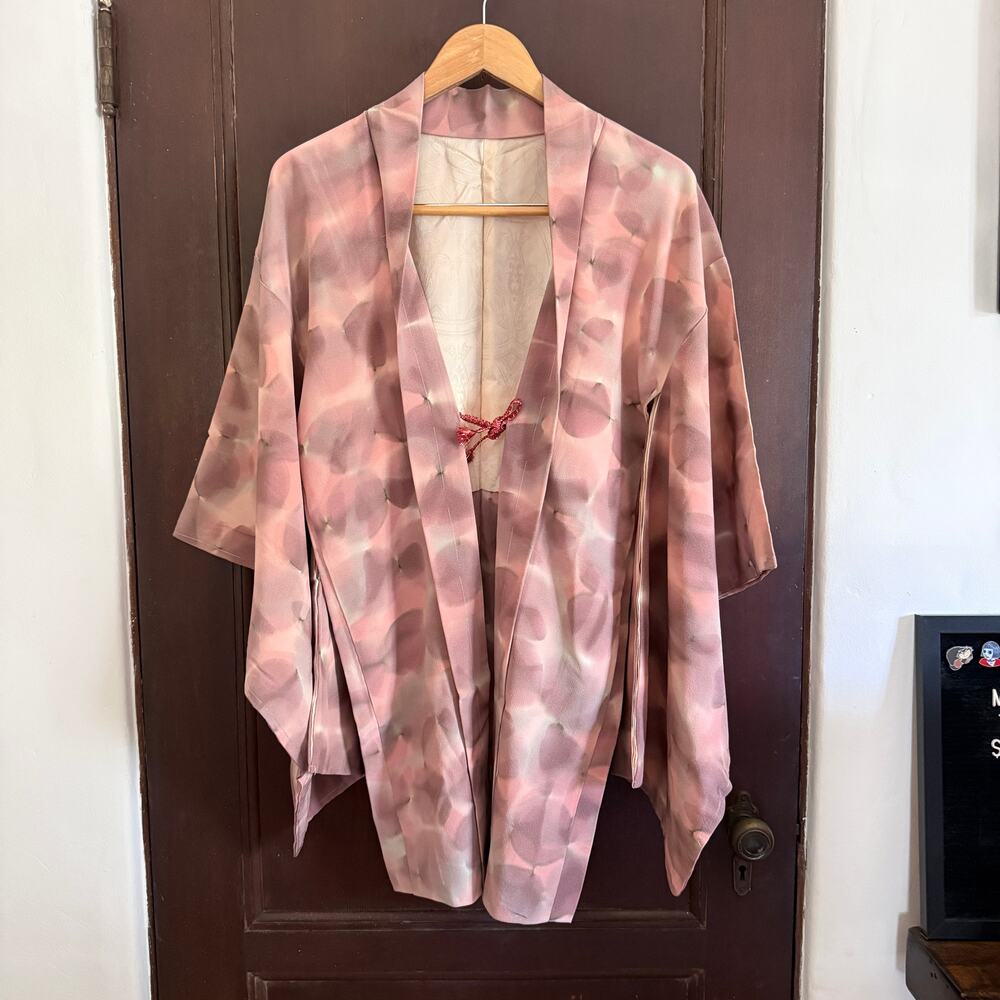 Vintage Pink and Gray Silk Crepe Haori Kimono Size Approx Sz: Large